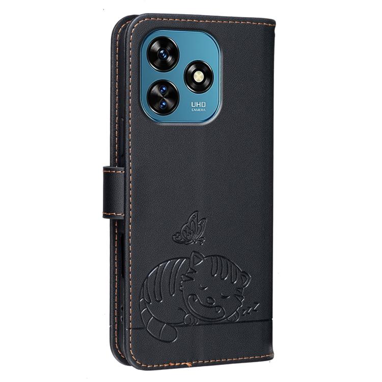 For Oukitel C51 Cat Butterfly Embossed RFID Vegan Leather Phone Case with Strap