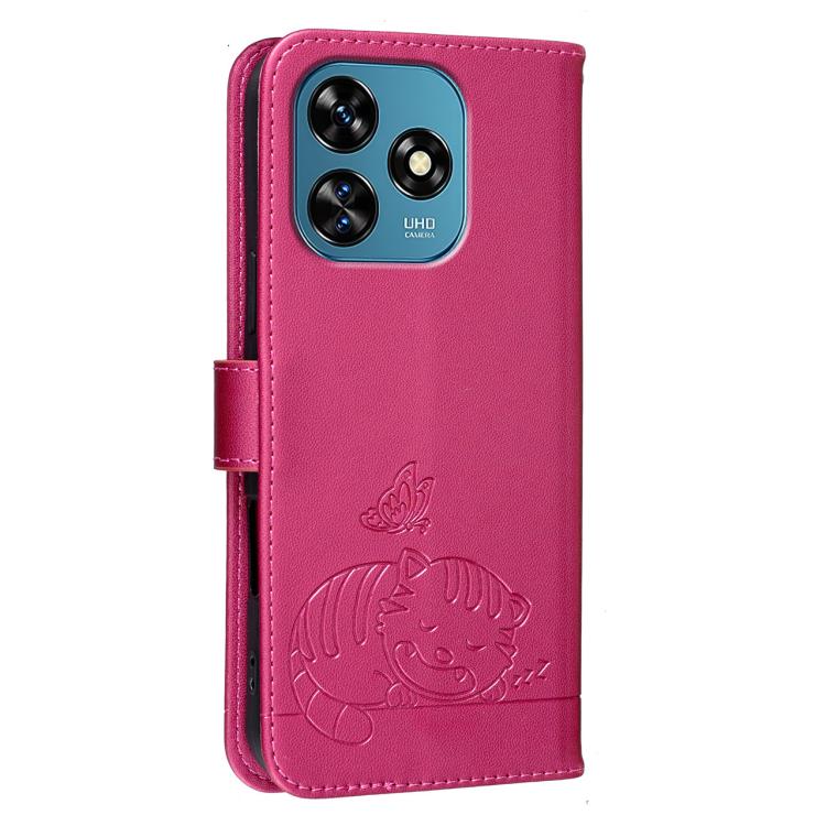 For Oukitel C51 Cat Butterfly Embossed RFID Vegan Leather Phone Case with Strap