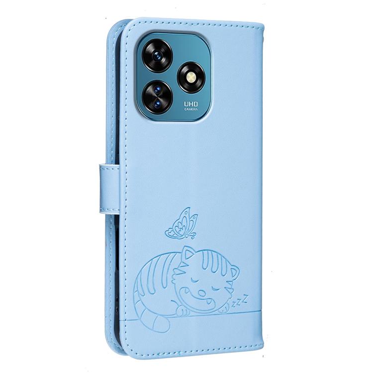 For Oukitel C51 Cat Butterfly Embossed RFID Vegan Leather Phone Case with Strap