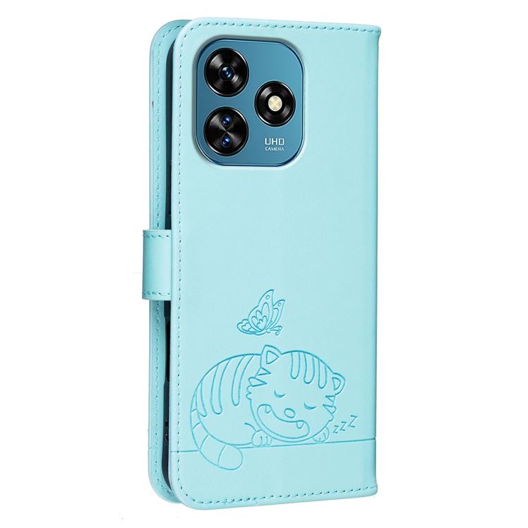 For Oukitel C51 Cat Butterfly Embossed RFID Vegan Leather Phone Case with Strap