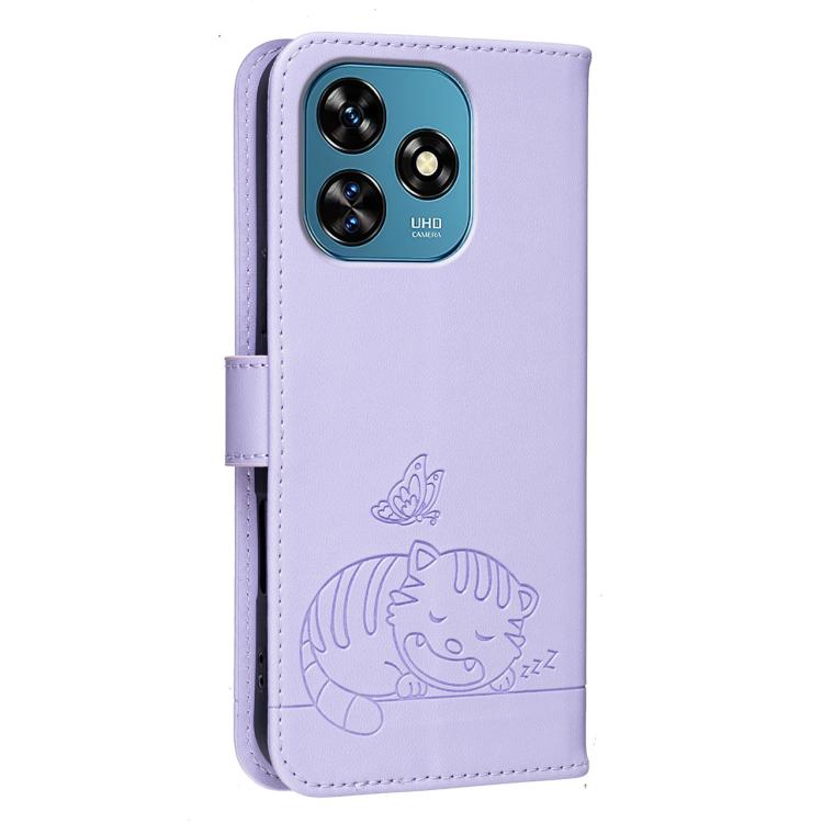 For Oukitel C51 Cat Butterfly Embossed RFID Vegan Leather Phone Case with Strap