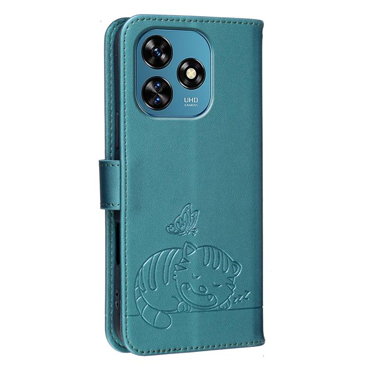 For Oukitel C51 Cat Butterfly Embossed RFID Vegan Leather Phone Case with Strap