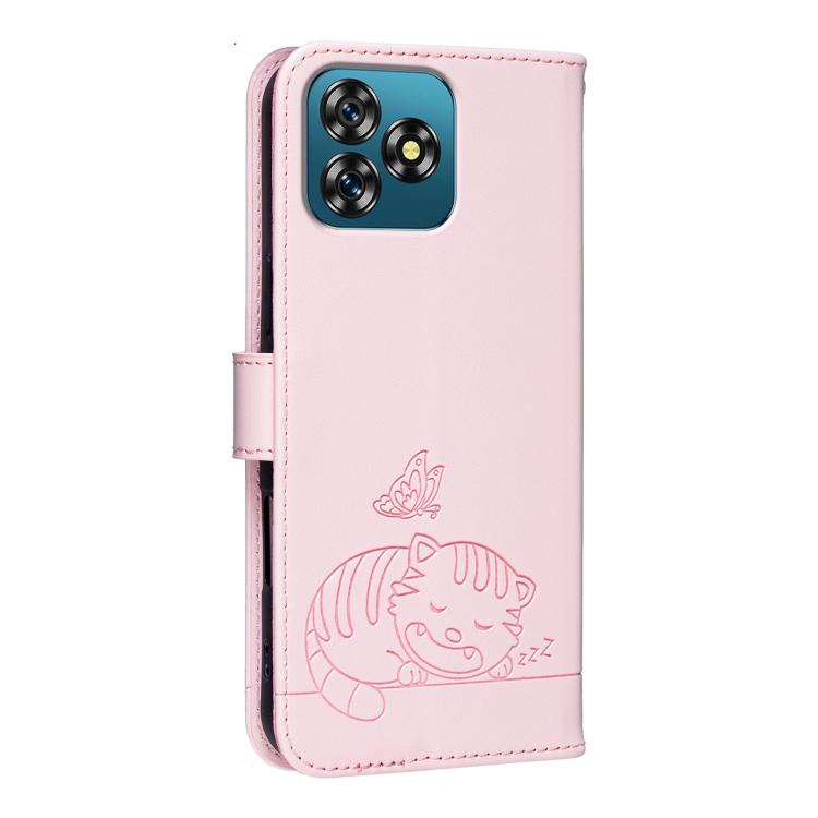 For Oukitel C53 Cat Butterfly Embossed RFID Vegan Leather Phone Case with Strap