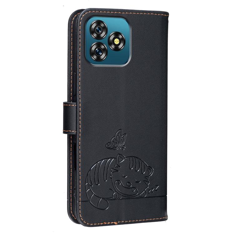 For Oukitel C53 Cat Butterfly Embossed RFID Vegan Leather Phone Case with Strap