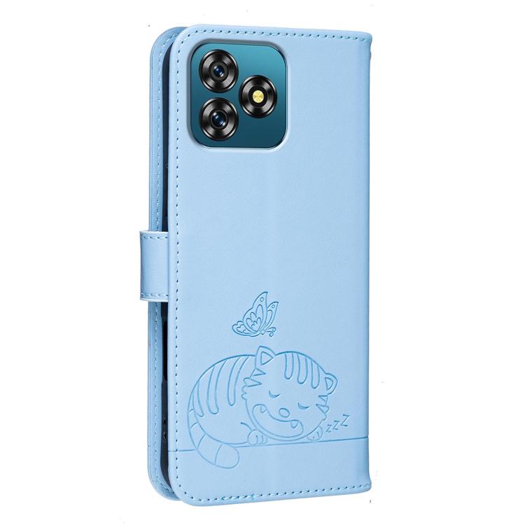 For Oukitel C53 Cat Butterfly Embossed RFID Vegan Leather Phone Case with Strap