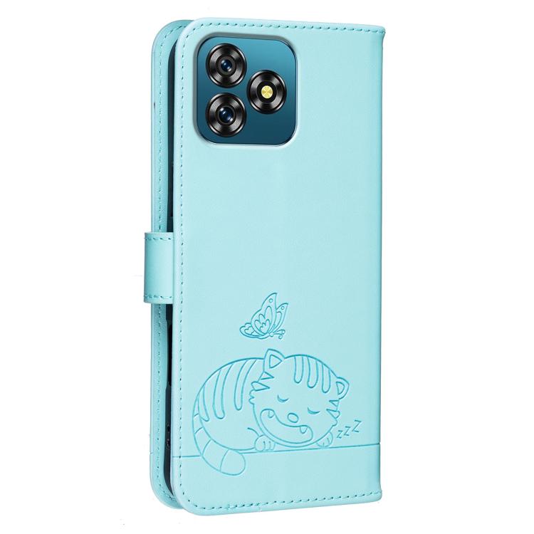 For Oukitel C53 Cat Butterfly Embossed RFID Vegan Leather Phone Case with Strap