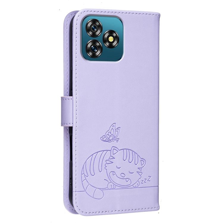 For Oukitel C53 Cat Butterfly Embossed RFID Vegan Leather Phone Case with Strap