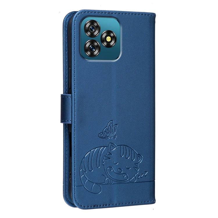 For Oukitel C53 Cat Butterfly Embossed RFID Vegan Leather Phone Case with Strap