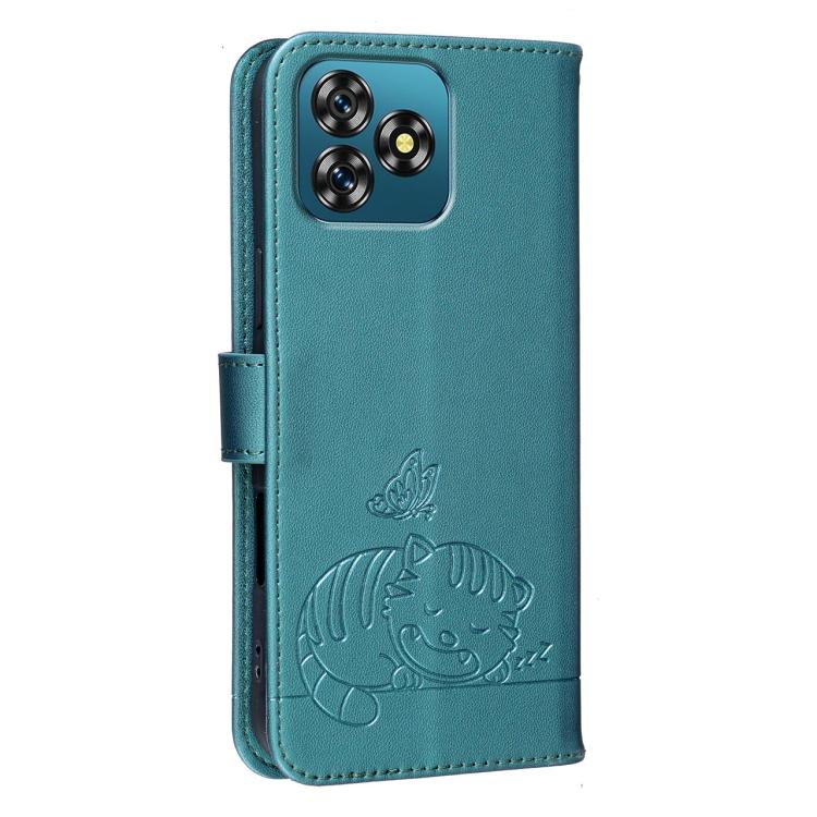 For Oukitel C53 Cat Butterfly Embossed RFID Vegan Leather Phone Case with Strap