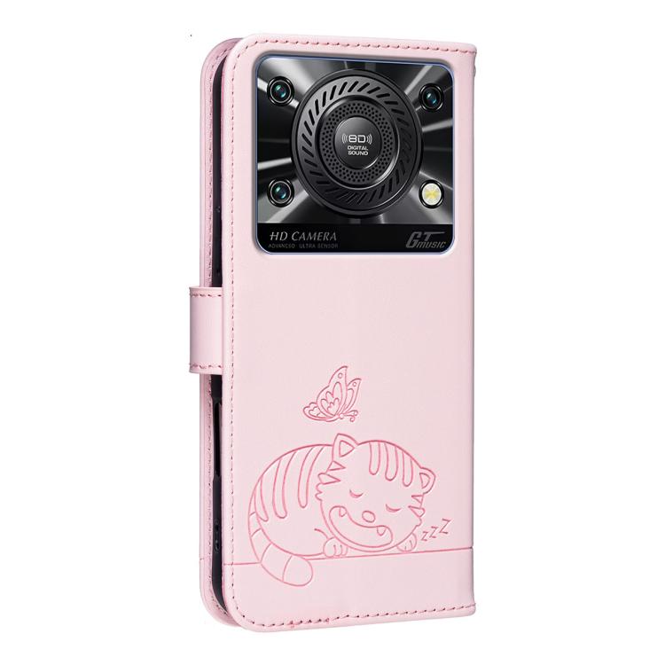 For Oukitel C60 Cat Butterfly Embossed RFID Vegan Leather Phone Case with Strap