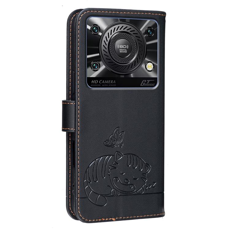For Oukitel C60 Cat Butterfly Embossed RFID Vegan Leather Phone Case with Strap