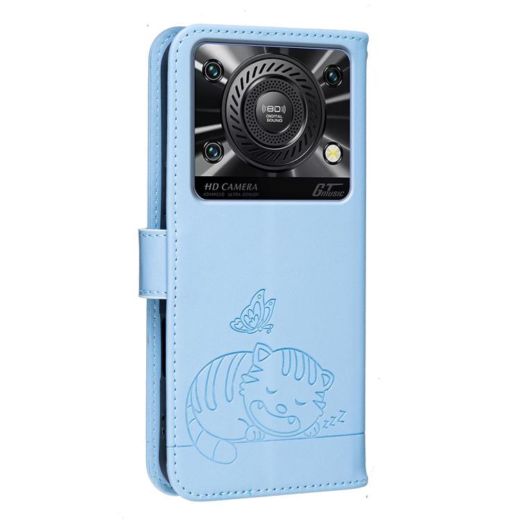 For Oukitel C60 Cat Butterfly Embossed RFID Vegan Leather Phone Case with Strap