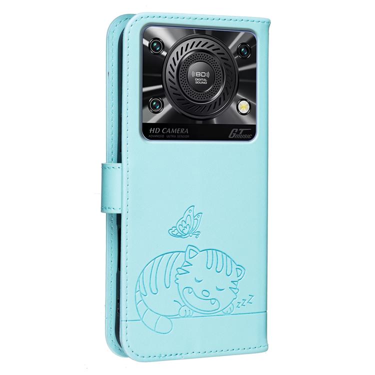 For Oukitel C60 Cat Butterfly Embossed RFID Vegan Leather Phone Case with Strap