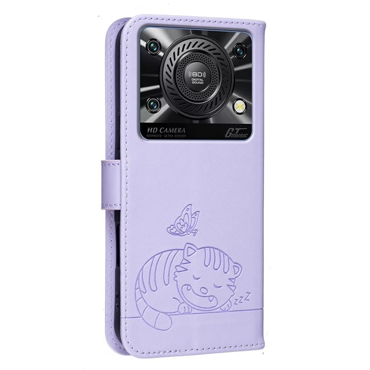 For Oukitel C60 Cat Butterfly Embossed RFID Vegan Leather Phone Case with Strap