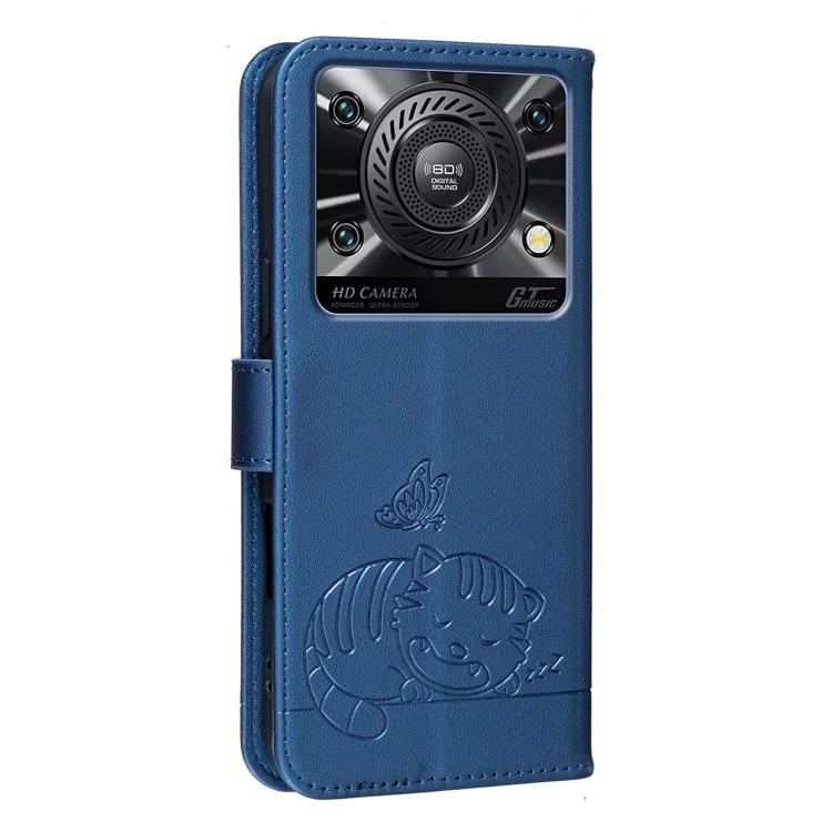 For Oukitel C60 Cat Butterfly Embossed RFID Vegan Leather Phone Case with Strap