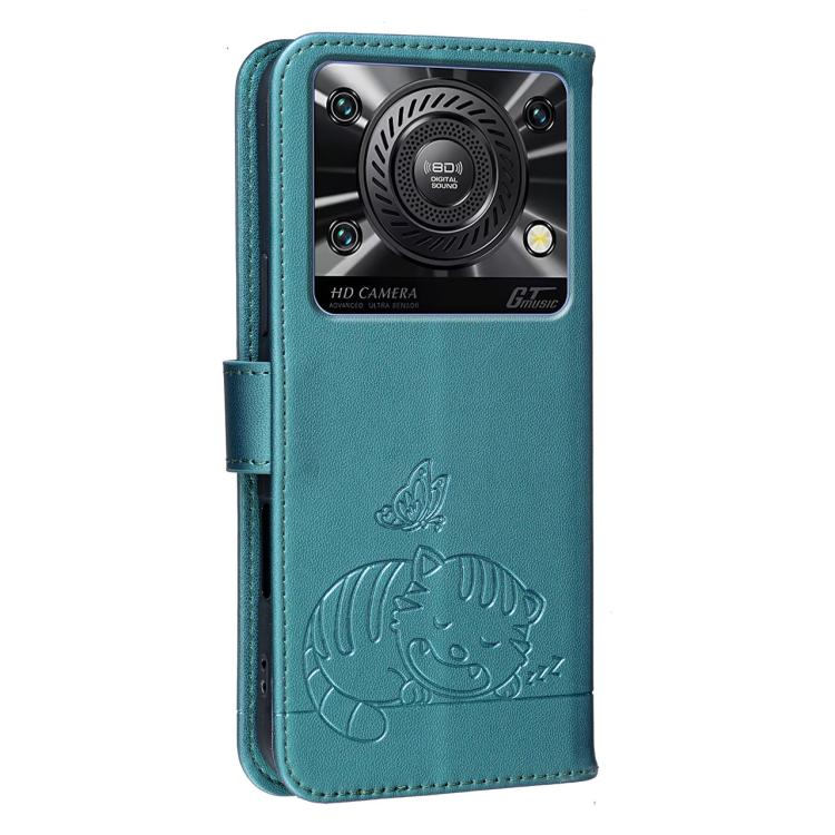 For Oukitel C60 Cat Butterfly Embossed RFID Vegan Leather Phone Case with Strap