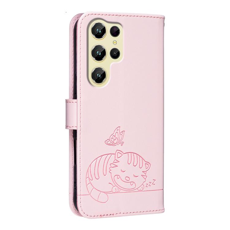 For Oukitel C61 Cat Butterfly Embossed RFID Vegan Leather Phone Case with Strap