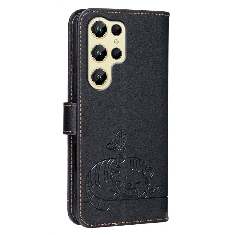 For Oukitel C61 Cat Butterfly Embossed RFID Vegan Leather Phone Case with Strap