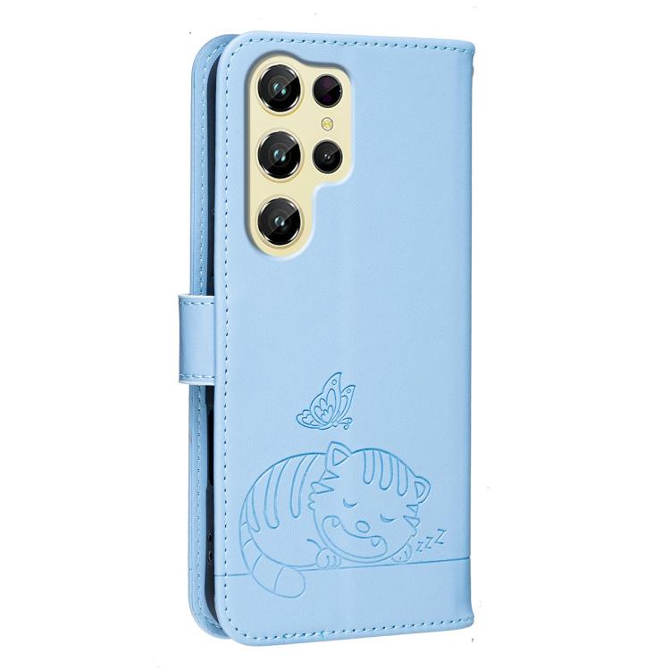 For Oukitel C61 Cat Butterfly Embossed RFID Vegan Leather Phone Case with Strap