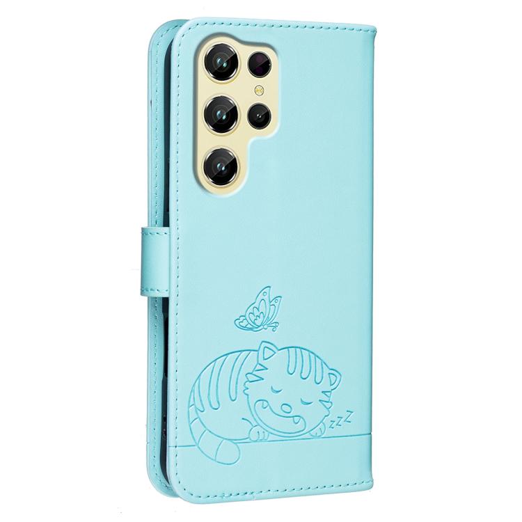 For Oukitel C61 Cat Butterfly Embossed RFID Vegan Leather Phone Case with Strap