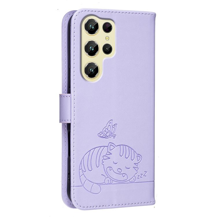 For Oukitel C61 Cat Butterfly Embossed RFID Vegan Leather Phone Case with Strap