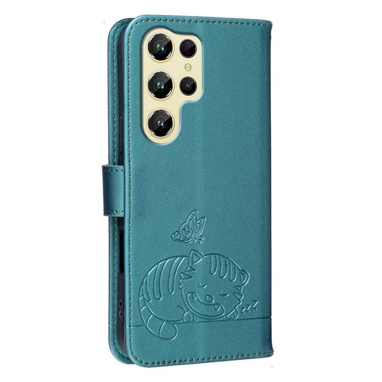 For Oukitel C61 Cat Butterfly Embossed RFID Vegan Leather Phone Case with Strap