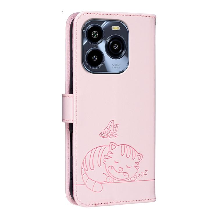 For Oukitel C65 Cat Butterfly Embossed RFID Vegan Leather Phone Case with Strap
