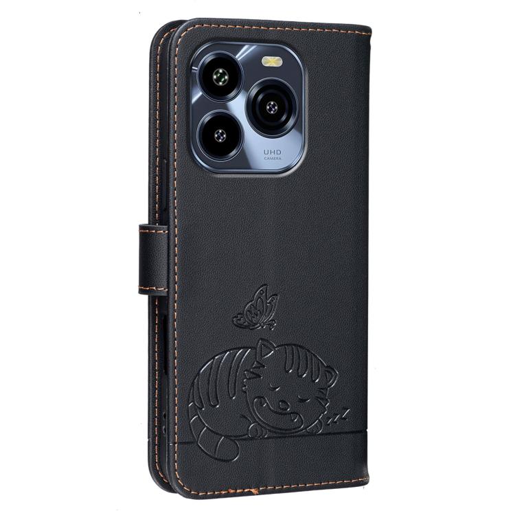 For Oukitel C65 Cat Butterfly Embossed RFID Vegan Leather Phone Case with Strap