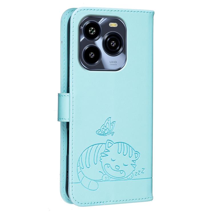 For Oukitel C65 Cat Butterfly Embossed RFID Vegan Leather Phone Case with Strap