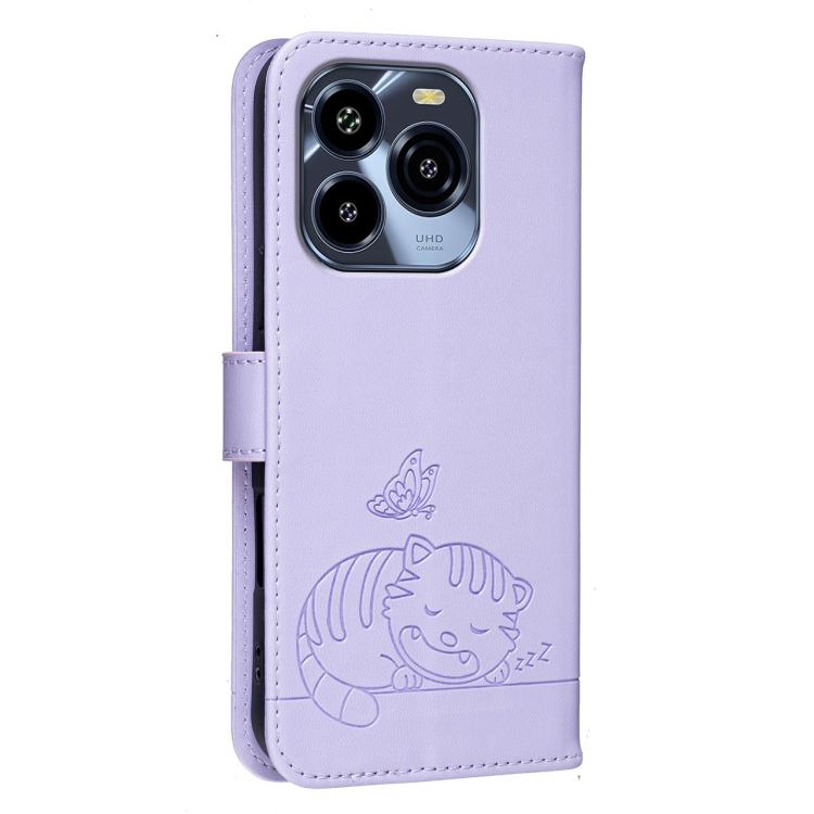 For Oukitel C65 Cat Butterfly Embossed RFID Vegan Leather Phone Case with Strap