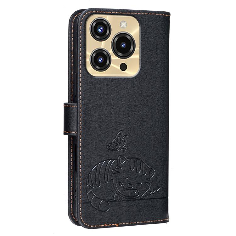 For Oukitel C68 Cat Butterfly Embossed RFID Vegan Leather Phone Case with Strap