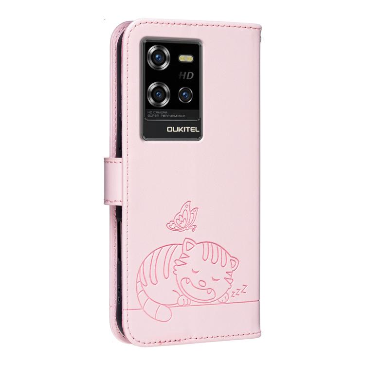 For Oukitel WP50 5G Cat Butterfly Embossed RFID Vegan Leather Phone Case with Strap