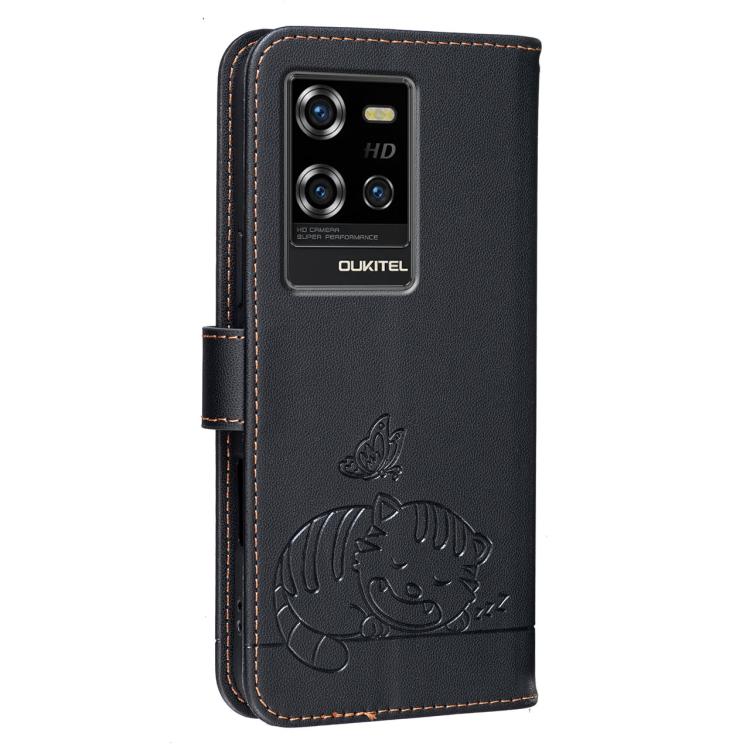 For Oukitel WP50 5G Cat Butterfly Embossed RFID Vegan Leather Phone Case with Strap