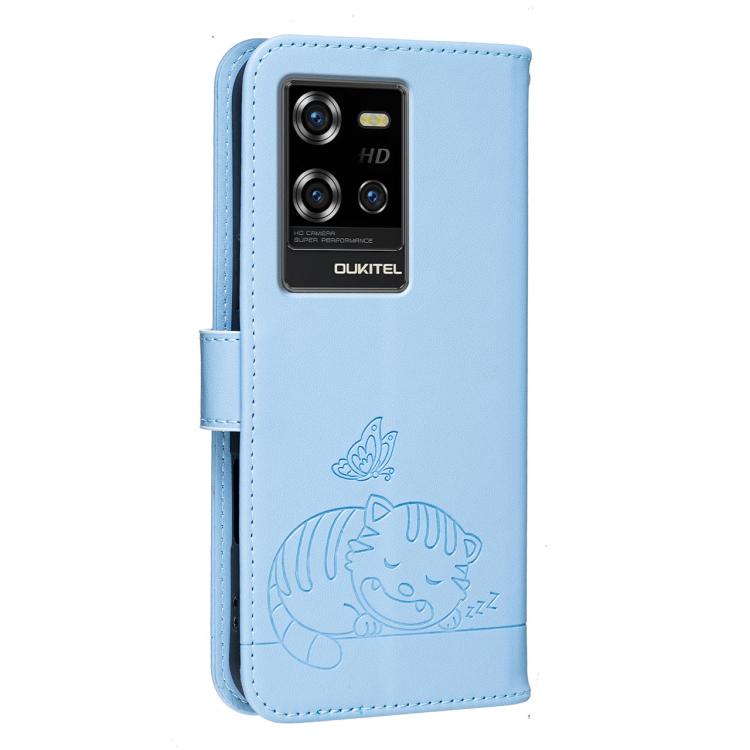 For Oukitel WP50 5G Cat Butterfly Embossed RFID Vegan Leather Phone Case with Strap
