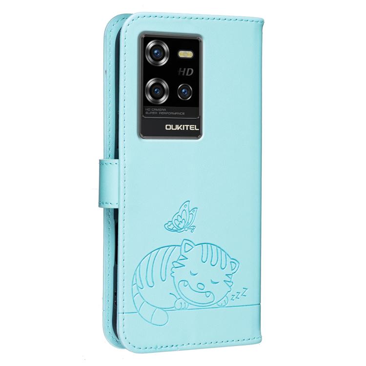For Oukitel WP50 5G Cat Butterfly Embossed RFID Vegan Leather Phone Case with Strap