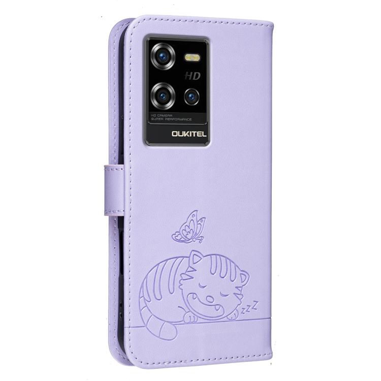 For Oukitel WP50 5G Cat Butterfly Embossed RFID Vegan Leather Phone Case with Strap