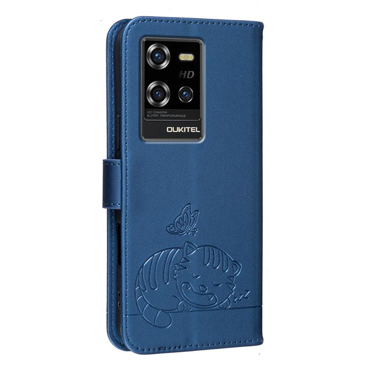 For Oukitel WP50 5G Cat Butterfly Embossed RFID Vegan Leather Phone Case with Strap