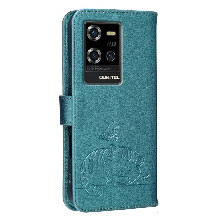 For Oukitel WP50 5G Cat Butterfly Embossed RFID Vegan Leather Phone Case with Strap