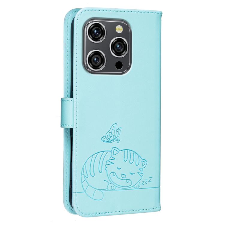 For Oukitel WP52 5G Cat Butterfly Embossed RFID Vegan Leather Phone Case with Strap