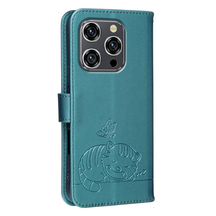 For Oukitel WP52 5G Cat Butterfly Embossed RFID Vegan Leather Phone Case with Strap
