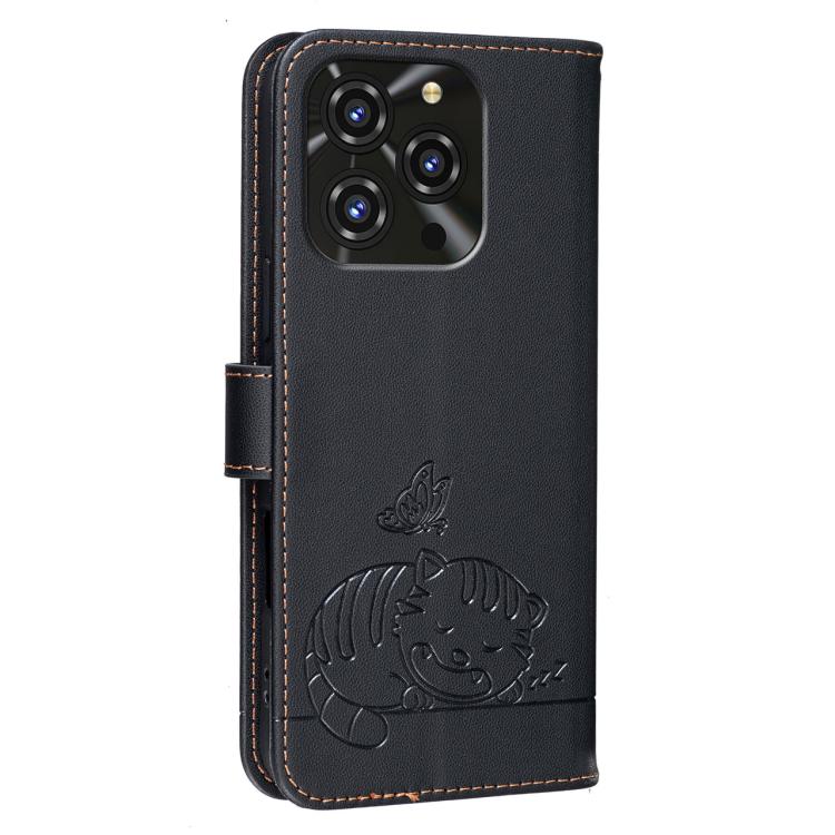 For Oukitel C3 4G 2025 Cat Butterfly Embossed RFID Vegan Leather Phone Case with Strap