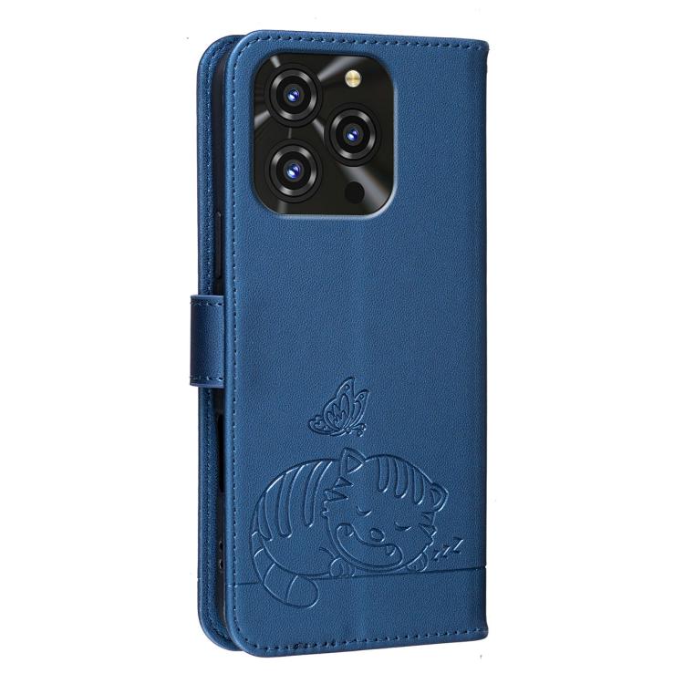 For Oukitel C3 4G 2025 Cat Butterfly Embossed RFID Vegan Leather Phone Case with Strap