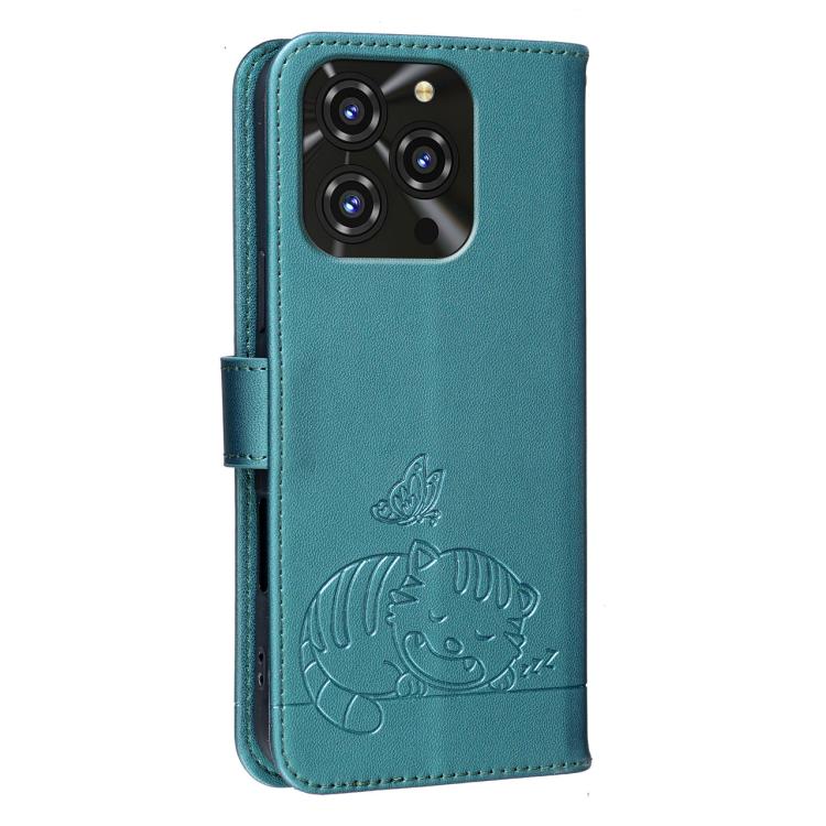 For Oukitel C3 4G 2025 Cat Butterfly Embossed RFID Vegan Leather Phone Case with Strap