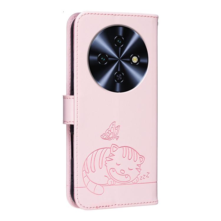 For Oukitel C5 4G Cat Butterfly Embossed RFID Vegan Leather Phone Case with Strap