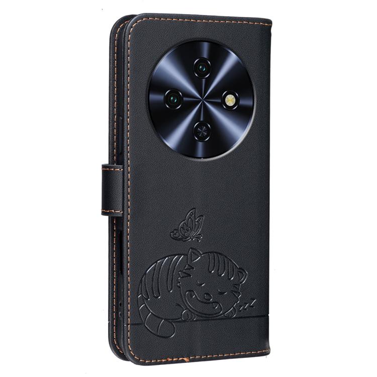 For Oukitel C5 4G Cat Butterfly Embossed RFID Vegan Leather Phone Case with Strap