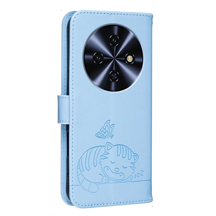 For Oukitel C5 4G Cat Butterfly Embossed RFID Vegan Leather Phone Case with Strap