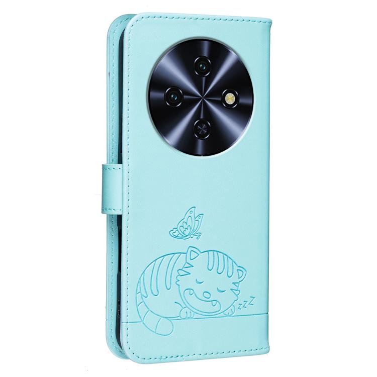 For Oukitel C5 4G Cat Butterfly Embossed RFID Vegan Leather Phone Case with Strap