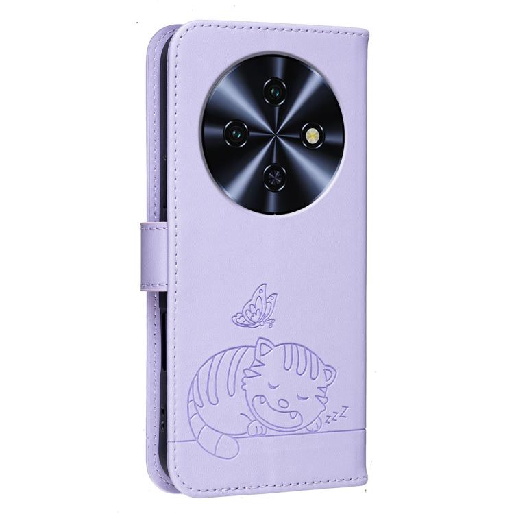For Oukitel C5 4G Cat Butterfly Embossed RFID Vegan Leather Phone Case with Strap