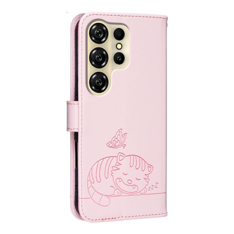 For Oukitel C26 Cat Butterfly Embossed RFID Vegan Leather Phone Case with Strap
