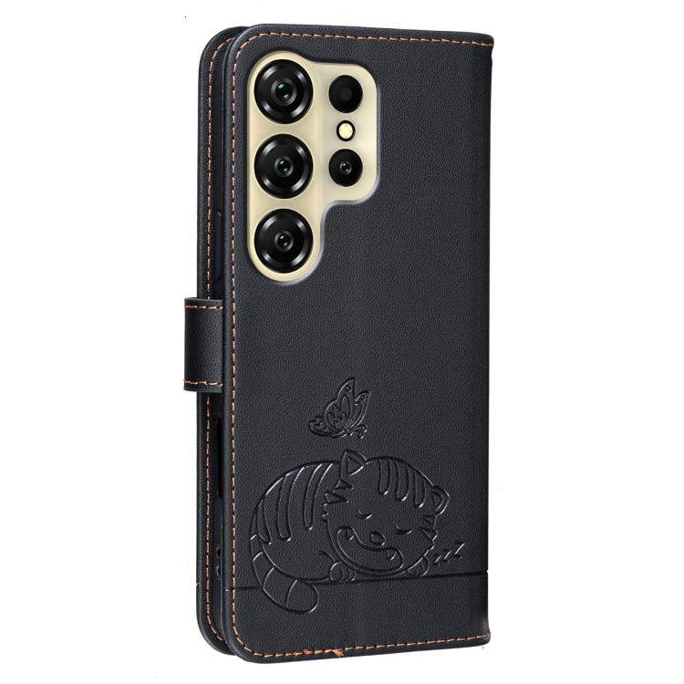 For Oukitel C26 Cat Butterfly Embossed RFID Vegan Leather Phone Case with Strap